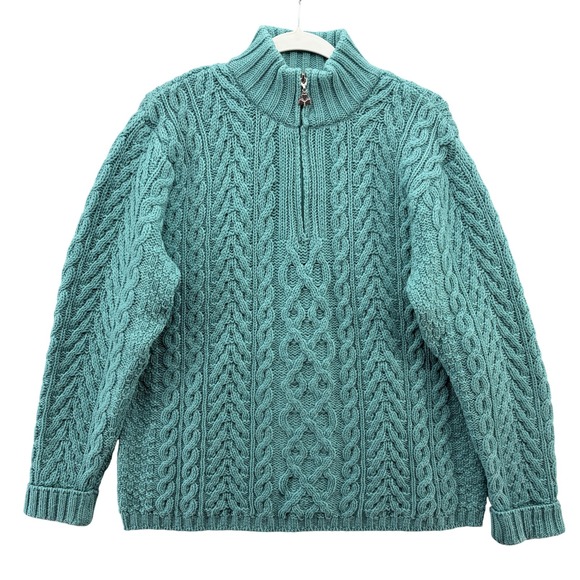 Aran Crafts Sweater Womens L Green Teal Merino Wool Cable Knit 1/4 Zip Ireland - Picture 1 of 7